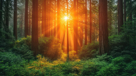 Beautiful redwood forest at sunset. Nature background. Double exposureの素材