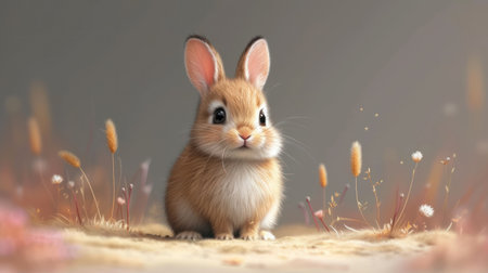Cute little rabbit on a background of flowers. Easter bunny.の素材