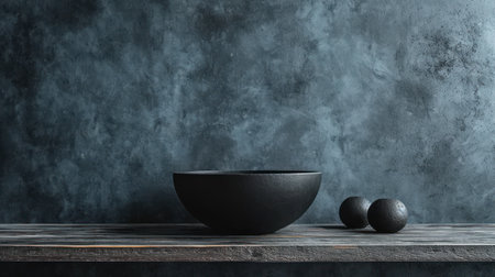 Black ceramic bowl with two balls on concrete background. 3d renderの素材