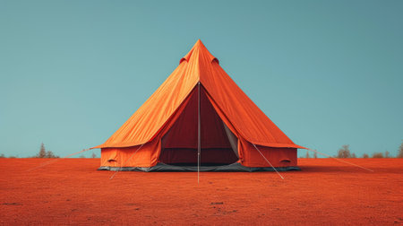 Camping tent on a red field with blue sky in the backgroundの素材