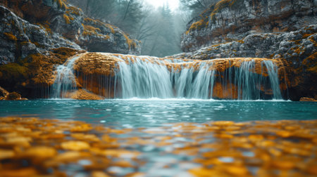 Beautiful waterfall in the autumn forest with yellow leaves on the water.の素材