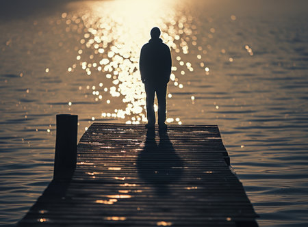 Silhouette of a man standing on a wooden pier at sunsetの素材