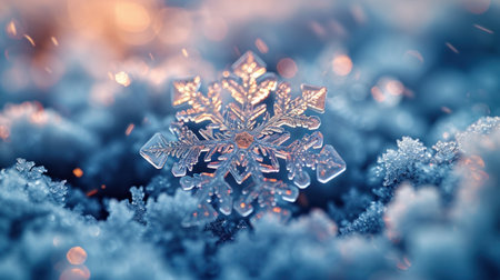 Snowflake on blue background with bokeh. 3d illustrationの素材