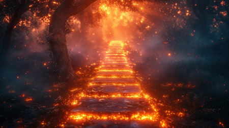 Mystical dark forest with glowing stairs and trees. 3D renderingの素材