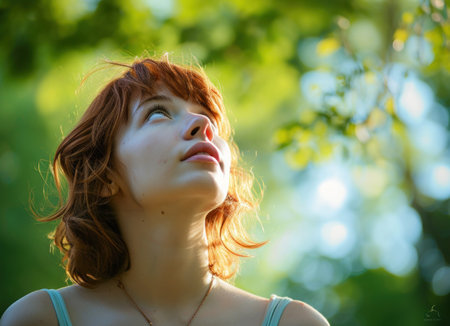 Portrait of a beautiful young redhead woman in the park.の素材