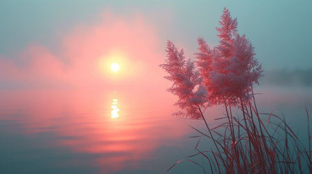 the sun is setting over a body of water with reeds in the foreground and a foggy sky in the background, with a few clouds in the foreground. .の素材