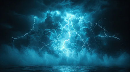 a picture of a storm in the sky over a body of water with a boat in the foreground and a large cloud in the middle of the sky with lightning. .の素材