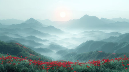 a view of a mountain range with red flowers in the foreground and a foggy sky in the background with the sun rising over the mountains in the distance. .の素材
