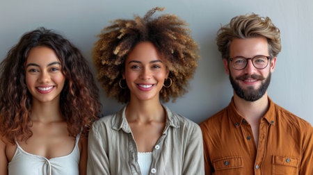 three people standing next to each other, one with a beard and the other with curly hair, smiling at the camera while the other is looking at the camera. .の素材
