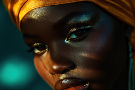 a close up of a woman's face with a gold turban on top of her head and blue and green lights in the back of her eyes. .の素材