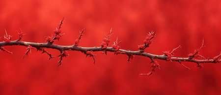 Branch of a tree with red flowers on a red background.の素材