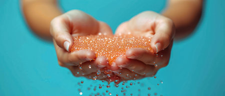 Female hands holding red caviar on blue background. Closeup.の素材
