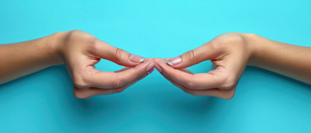 Female hands making a heart shape with their fingers on a blue backgroundの素材