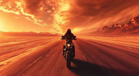 Motorcycle rider on the road at sunset. 3d illustration.の素材