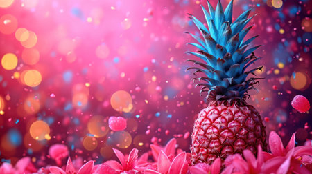 Pineapple with pink flower on bokeh background. 3d illustrationの素材