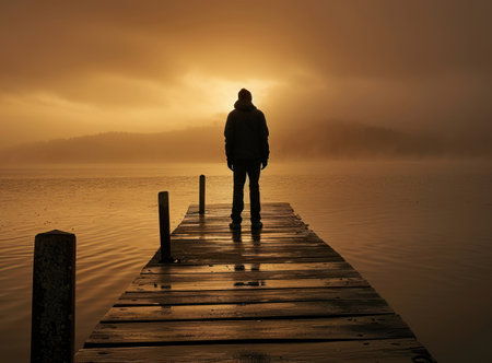 Man standing on a wooden jetty at sunrise with fog in the backgroundの素材