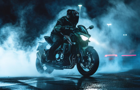 motorcyclist in a black jacket on a motorcycle on a dark backgroundの素材