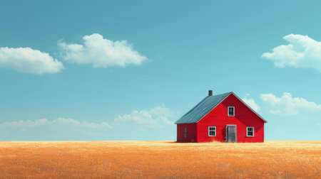Red house in the field against blue sky with clouds 3d renderの素材