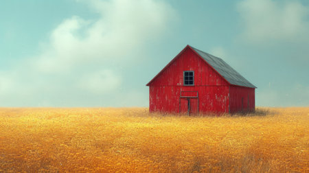 Red barn in a wheat field. 3d render. Rural landscape.の素材