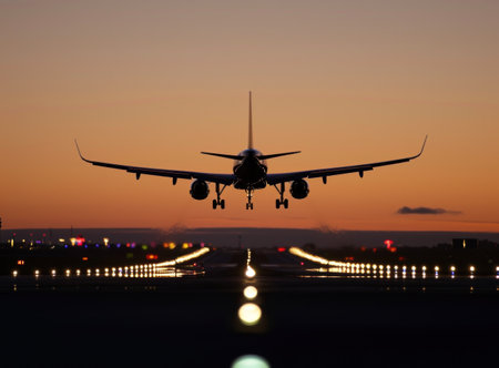 Airplane taking off from the runway at night with lights in the backgroundの素材
