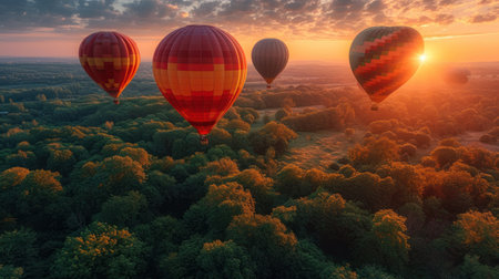 Hot air balloons flying over the forest at sunset. 3D Renderingの素材