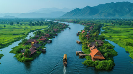 Fisherman village on the Mekong River in Laos, Asiaの素材