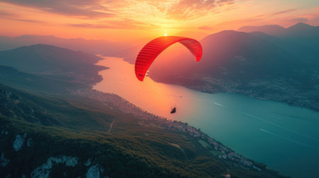 Paraglider flying over the lake at sunset. 3d renderの素材