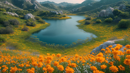 Beautiful panoramic view of the lake with orange flowers and mountainsの素材