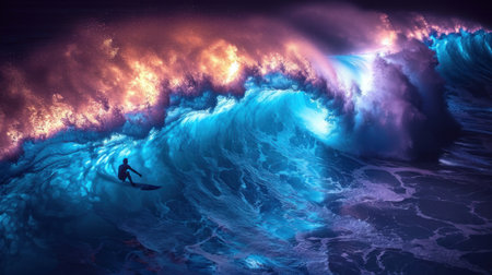 Surfer surfing ocean wave. 3D Rendering and illustration.の素材