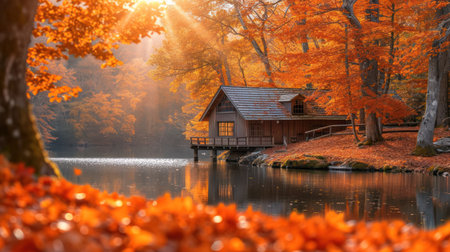 Autumn landscape with lake and old wooden house in the forest.の素材
