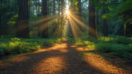 Sunrise in the forest with sunbeams passing through the treesの素材