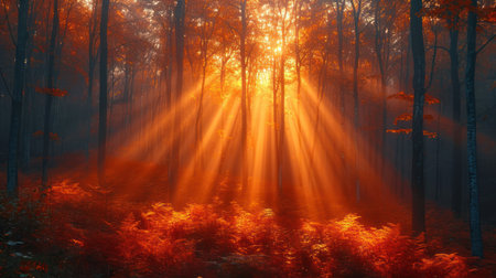 Autumn forest in the rays of the rising sun. Nature backgroundの素材