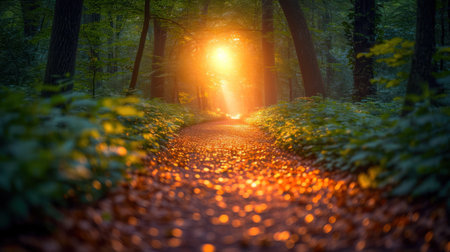 Morning in the forest. Path through the deciduous forest with sunbeamsの素材