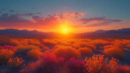 Sunset in the desert with wildflowers. 3d renderingの素材