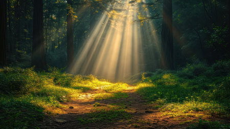 Sunset in the forest with sunlight rays through the tree trunksの素材