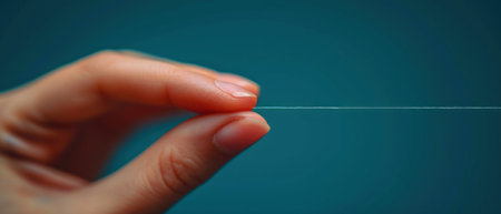Close-up of female hand holding contact lens on blue background with copy spaceの素材
