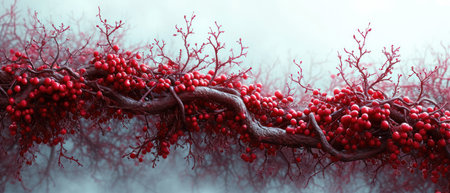 3d render of red berries on tree branches in misty forestの素材