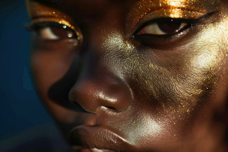 Close-up portrait of a beautiful african american woman with golden makeupの素材