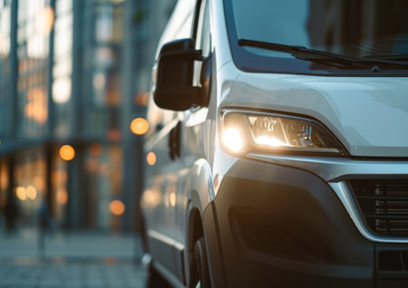 Close-up of a commercial van parked in the city center.の素材