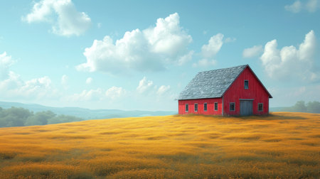 Red barn in the field of yellow flowers. 3D render.の素材