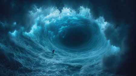 a man standing in the middle of a large wave in the middle of a body of water with a person standing in the middle of the middle of the wave. .の素材