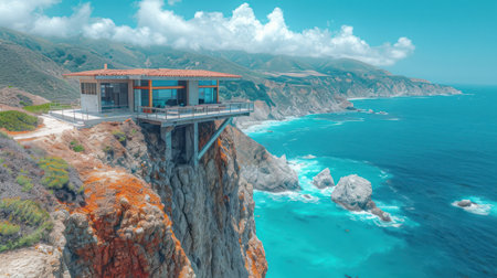 a house sitting on the edge of a cliff next to a body of water with a cliff in the foreground and a body of water in the foreground. .の素材