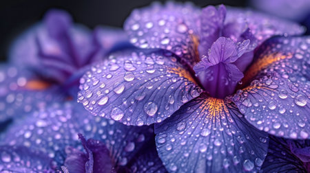 Beautiful purple iris flowers with dew drops close-upの素材