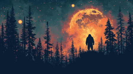 Silhouette of a man standing in the forest with full moon.の素材