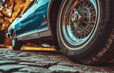 Close-up of a vintage car on the road in the parkの素材