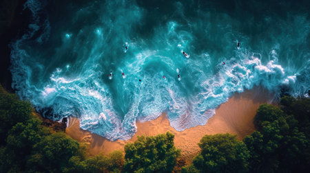 a group of people riding surfboards on top of a sandy beach next to a lush green forest covered forest covered hillside next to a large body of water covered with waves. .の素材