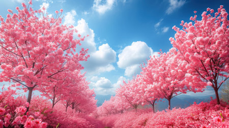 a bunch of trees that are next to each other with pink flowers in the foreground and a blue sky with puffy clouds in the middle of the background. .の素材