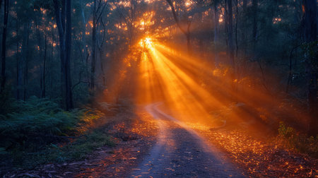 Sunset in the misty forest with path and sunbeamsの素材