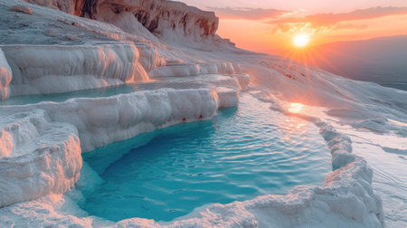 Pamukkale, Denizli, Turkey. The travertine pools and terraces at sunset.の素材
