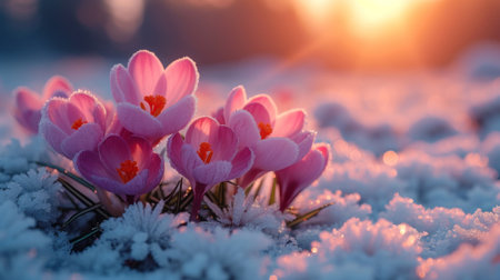 Beautiful crocus flowers on the snow in the rays of the rising sunの素材